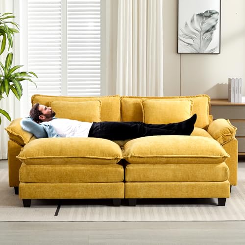 Image of Oprisen 86 inch Modular Sectional Sofa, Comfy Cloud Couch Sectional Sofa with Ottoman, Chenille Sofa Sleeper Deep Seat Sofa with Throw Pillows for Living Room (Yellow)