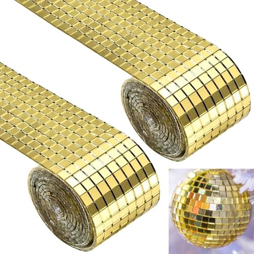 Bamyli 2 Rollen Mosaik Spiegel 2928 Stück Spiegel Mosaik Fliesen Disco Kugel, Selbsthaftende Mosaikfliesen Quadratische Glasspiegel Mosaikfliesen Spiegel 5x5mm für DIY Handwerk Dekoration (Golden)