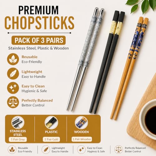 Image of 3-Pairs Reusable Chopsticks Set - Stainless Steel, Wooden & Fiber with Gold Accent - Lightweight, Square Grip Chop Sticks for Sushi, Noodles & Hotpot (Korean & Chinese Style)