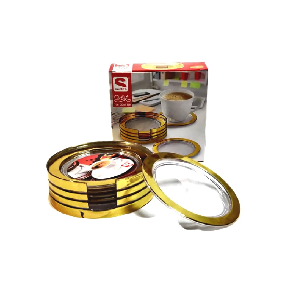 Sunlife - Orbit Gold Foil Tea Coaster - Plastic 6 pcs Coaster with Stand, Circular Table Coaster for Tea Cups, Coffee Mugs, Beer Cans, Bar Tumblers & Water Glasses — Amazon image 2