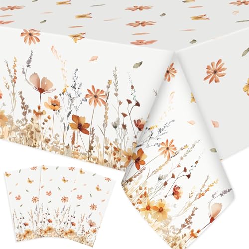 Image of Ganeen 3 Pcs Fall Floral Tablecloth Thanksgiving Autumn Disposable Plastic Table Cloth Wildflower Table Covers Rectangle for Thanksgiving Birthday Wedding Fall Party Decorations, 54 x 108 Inch