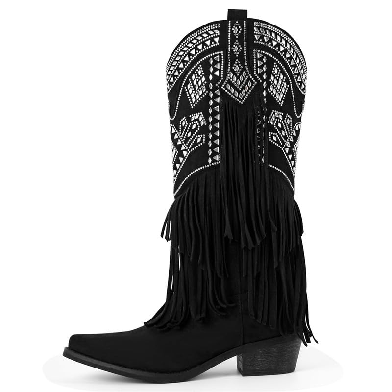 Richealnana Womens Cowgirls Boots for Women-Crystal Fringe Tassels Calf High Pull On Tabs Pointy Toe-Sparkly Western Casual Themed
