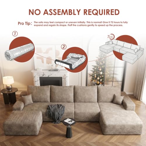 Image of Boneless Couch, Modular Sectional Couches for Living Room, U-Shaped Cloud Couch Sofa with Deep Seat, Fluffy Corduroy Upholstered Corner Sofa