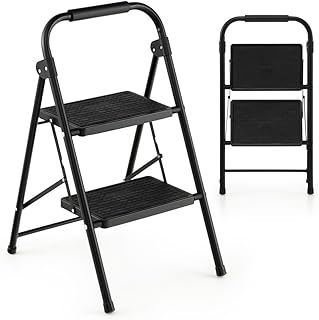 TANGZON Folding 2/3 Step Ladder, Portable Steel Step Stool with Widen Anti-Slip Pedals, Safety Lock & Handrail, 265KG Capacity Safety Ladder Tread Stepladder for Household Garage Shop (2 Step)
