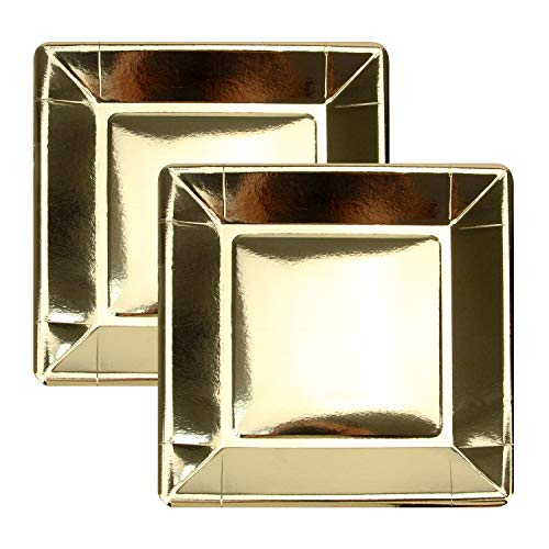 Pack of 100 Gold Disposable Shiny Foil Paper Plates, Square 7", Party Supplies for Appetizer, Lunch, Dinner, or Dessert - Thumbnail 4