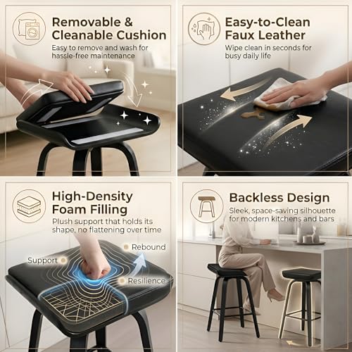 Image of 26 inch Swivel Bar Stools Set of 2, Backless Counter Height Bar Stools with Removable Faux Leather Cushion, 360 Swivel Wooden Saddle Stools with Footrest for Kitchen Island, Home Bar, Small Spaces, Black