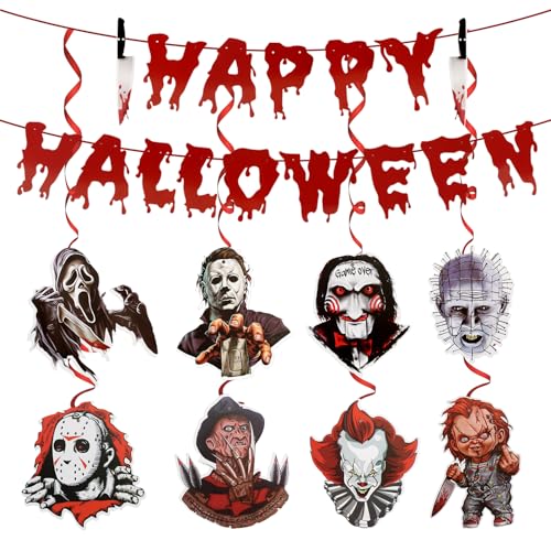 Augesak Halloween Remolino Colgantes, Happy Halloween Pancarta Guirnalda Película de Terror, Decoración Colgante Escalofríos para Fiesta de Terror