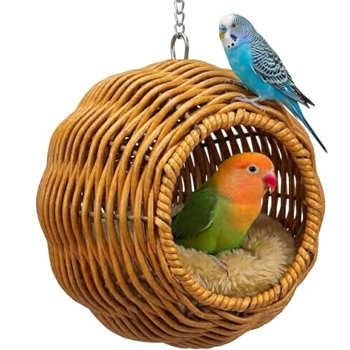 JIX SDFFAY Rattan Bird Nest Chewproof Steel Frame Parakeet Nesting House for Cage Small Bird Hammock Parrot Sleeping Bed with Soft Mat for Cockatiels Budgerigars Finches Canaries
