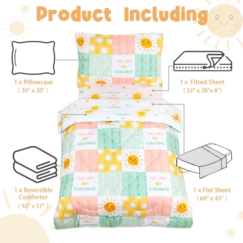 Image of SWESEN Toddler Bedding Set for Boys Girls, Your are My Sunshine Girls Bedding Set, Soft & Lightweight 4 Piece Toddler Comforter Sets Include Comforter, Flat Sheet, Fitted Sheet, Pillowcase