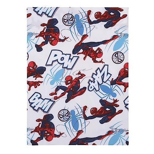 Image of NoJo Marvel Spiderman to The Rescue Red, White, and Blue 4 Piece Toddler Bed Set - Comforter, Fitted Bottom Sheet, Flat Top Sheet, and Reversible Pillowcase