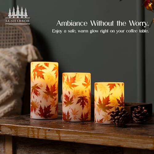 Image of Fall Flameless Candles with Remote, Autumn Maple Leaf Battery Candles | Set of 3 LED Candles with Timer Battery Pillar Candles Real Wax Thanksgiving Mantel Decor Electric Fake Candles