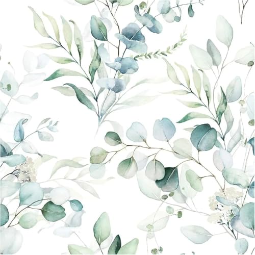 Image of ELTON Waterproof Peel and Stick Floral Wallpaper, Self-Adhesive Vinyl Wall Covering for Bedroom, Living Room Bathroom Cabinet, Countertop (45 x 600 cms, Green Eucalyptus Leaf Pattern)