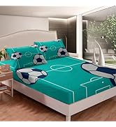 jejeloiu Football Fitted Sheet Twin Size Kids Football Court Bedding Set for Boys Girls Teens Spo...