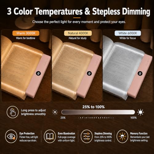 Image of 2 in 1 Smart LED Book Light & Night Light, with 3 Colors, Stepless Dimming | Rechargeable Clear Full Page Reading Light with Timer, Eye-Friendly Gifts for Readers, Students, Seniors & Book Lovers, Pink