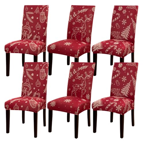 Vaukki Christmas Chair Covers Set of 6, Stretch Christmas Themed Dining Chair Slipcovers, X-Mas Parsons Chair Protectors Set, Removable Holiday Red Kitchen Seat Back Covers for Dining Room, Red