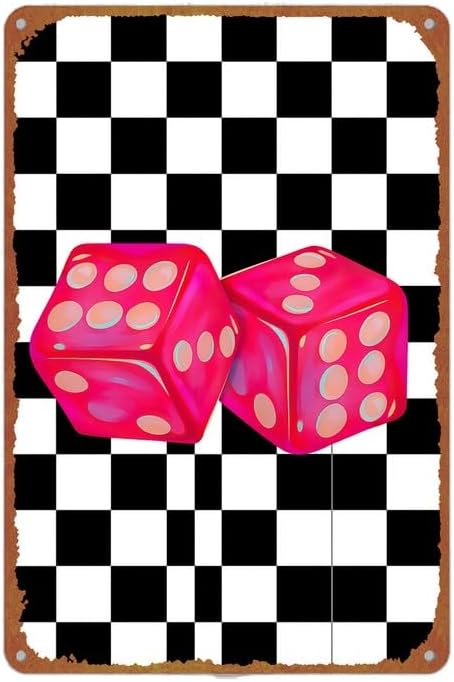 Vintage Pink Dice Checkerboard Metal Sign 8x12 Inch Aluminum Retro Game Dice Black White Checkered Wall Decor for Home Living Room Bedroom Cafe Game Room Garage