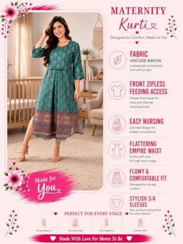 Image of RITIJYA Zipless Feeding Kurta Dress for Women | Maternity Nursing Kurti, No-Zip Easy Access | Extra Pleats Pre to Post Pregnancy | Quick-Dry Fabric | S-4XL