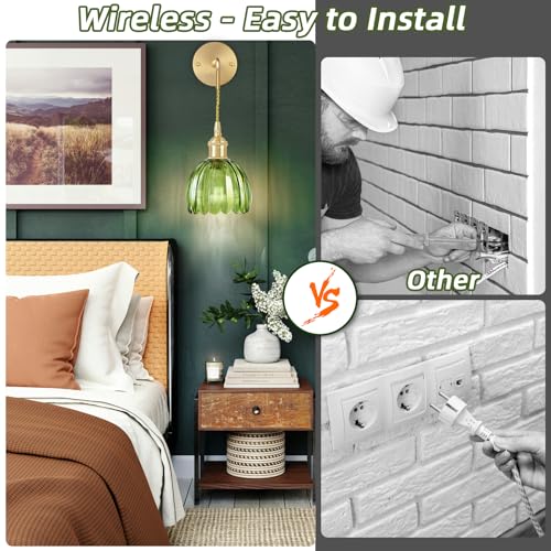 Image of Battery Operated Wall Sconces 3CCT Dimmable Wireless Sconces Set of 2, Vintage Light Fixture with Green Tulip Glass Lampshade Wall Decor Set of 2 for Bedroom Bedside Bathroom Hallway