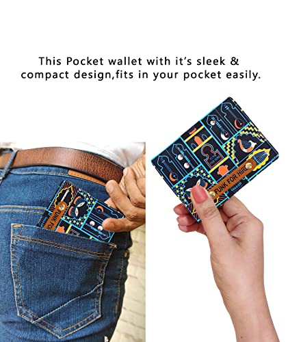Image of Funk For Hire Unisex Vegan Leather Small Card Wallet Navy Blue Printed Mini Bifold with Coin Zipper Pocket Compact Slim Wallet for Cash & Cards