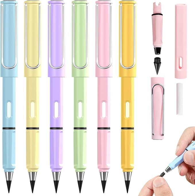 6 PCS Eternal Inkless Pencil with Eraser Erasable Everlasting Pencils Replaceable Nib Colorful Forever Infinity Pencil Portable Magic Pencils for Office School Writing Drawing