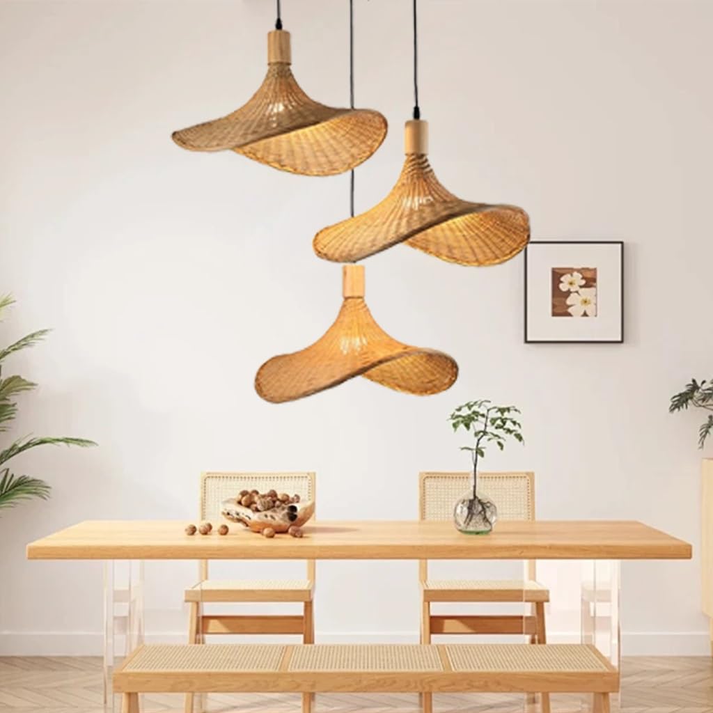 Suspension 3 Lampes Pendentif Tissage Vintage Lampe Bambou Et Rotin Boho Naturel Tissé Suspendu Nostalgique Réglable E27 Lustre Restaurant Plafonnier Rustique Pour Salon Chambre Cuisine Couloir(Taille