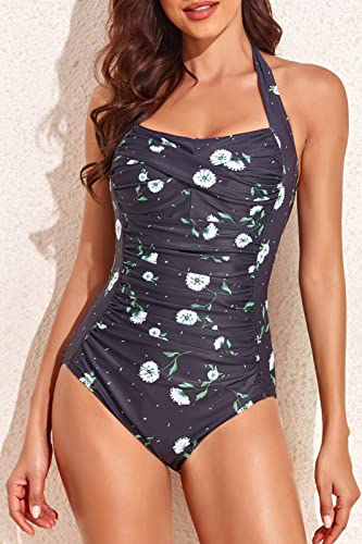 Image of Smismivo Tummy Control Swimwear Halter One Piece Slimming Vintage Retro Swimsuit Womens Ruched Push Up Bathing Suit
