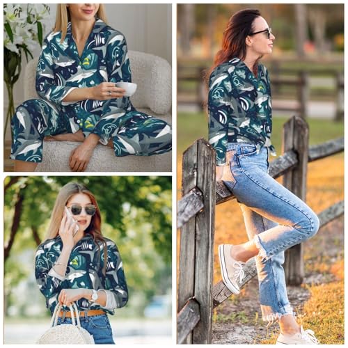 Image of Women'S Long Sleeve Pajama Set Soft Loungewear Button-Down Top & Elastic Waist Pants S- 2XL
