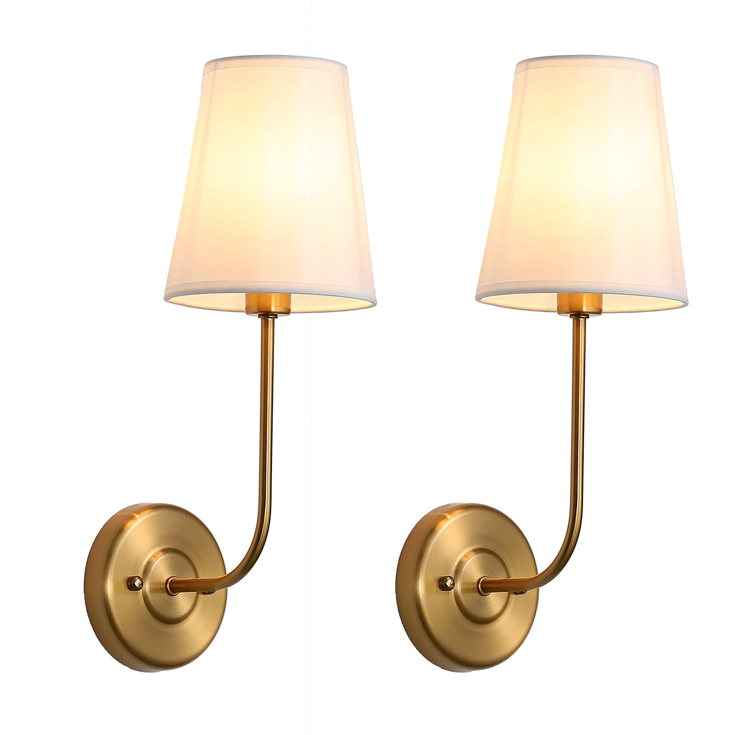 Sconces Wall Lighting 2 Pack Gold Vintage Industrial Wall Sconce Light Fixture with Flared White Fabric Shade for Dining Room Living Room Bedrooms Bedside Reading L036