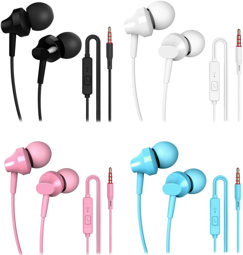 XHNFCU Stereo Earbuds in-Ear Headphones with Microphones Noise Isolating,High Definition and Heavy Bass Earphones,for Mobile Phone,Laptops,Gaming(Black+White+Pink+Blue 4 Pack)