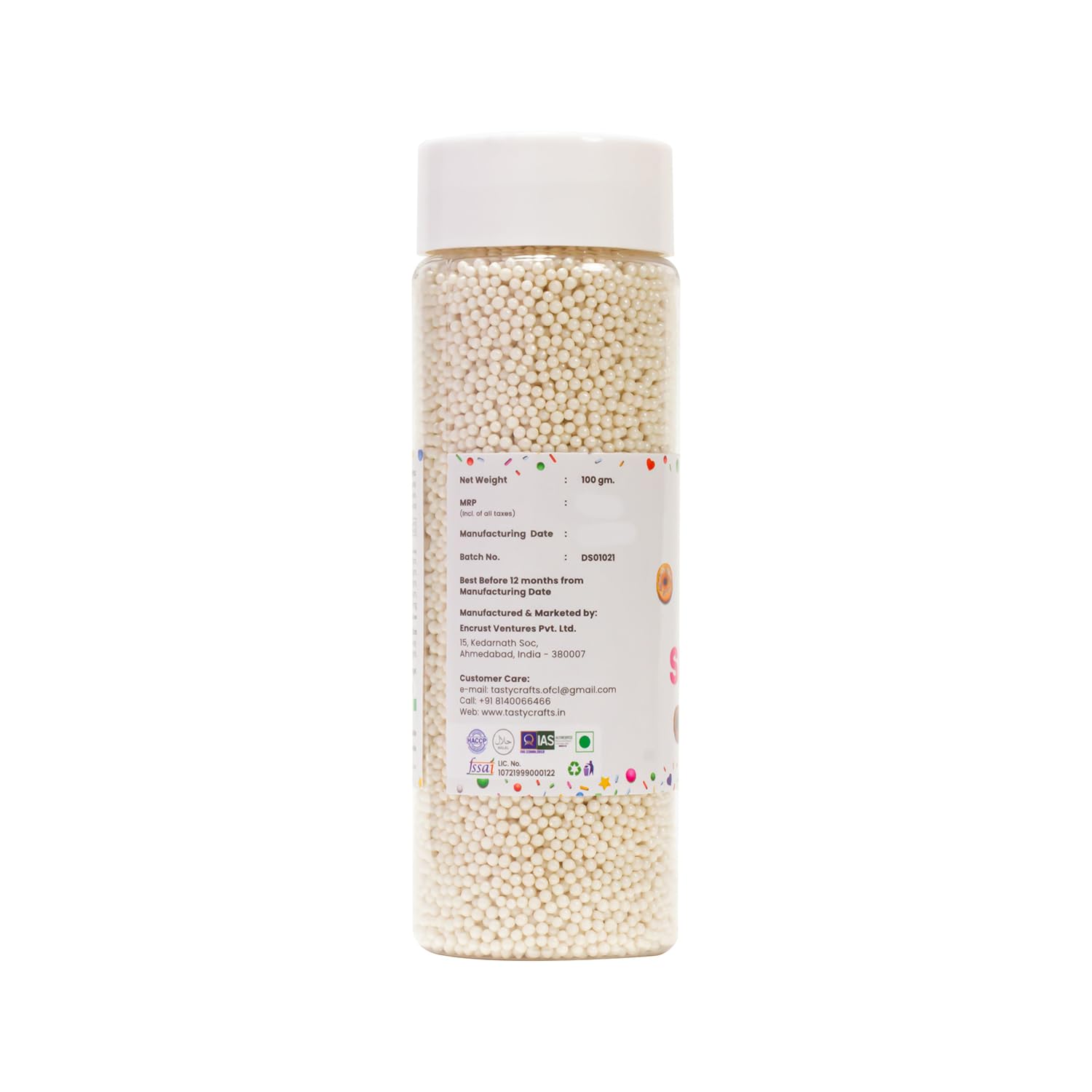Tastycrafts Bakestable Colour Balls | Baking Edible Metallic Pearl Balls | Sprinkles Decoration for Cake Cupcake Cookie Ice Cream Toppers Décor | Coloured Sugar Confectionery | 100 gm (White) - Image 3 thumbnail