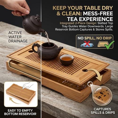 Bamboo Tea Tray Table Box with Water Storage, Chinese Gongfu Tea Table, 10.63 * 5.51 * 1.18", Mini Tea Serving Tray Drainage for Tea House Home Office by Yosoo Health Gear - Image 4