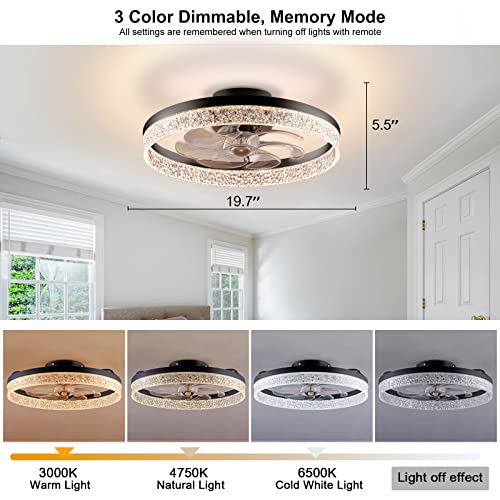 Omyu 19.7" Flush Mount Ceiling Fan With Lights, Round Bladeless Ceiling Fan With Remote Control, Dimmable 3 Color, 6 Speeds Timing, Low Profile Ceiling Fan For Kids Room Bedroom Living Room(Black) #TOP1