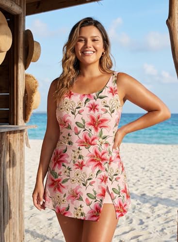 Image of Aleumdr One Piece Swimdress Swimsuit for Women Tummy Control Split Swim Dress Skirt Bathing Suit with Pockets