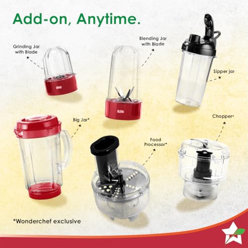 Image of Wonderchef Nutri-blend Snowflakes 500W Mixer Grinder, 22000 RPM, Smoothie Maker-Masala-Chutney Grinder, 3 Unbreakable Jars, Limited Edition, Recipe Book by Chef Sanjeev Kapoor, 2 Yr Warranty, Red