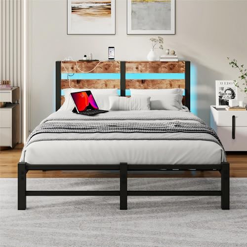 HOMERECOMMEND Marco de cama tamaño King con estación de carga USB, marco de cama LED tamaño Queen con cabecero de almacenamiento de madera, marco de cama de plataforma de metal, no necesita somier,