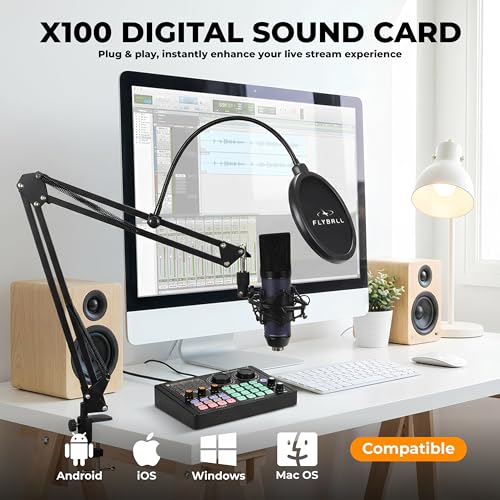 Image of FLYBALL Professional Condenser Microphone Kit with Live Sound Card, 26mm Mic, Boom Arm, Shock Mount & Pop Filter, Studio Recording, Starmaker Singing, Podcast & Streaming Setup UG 900 UHH