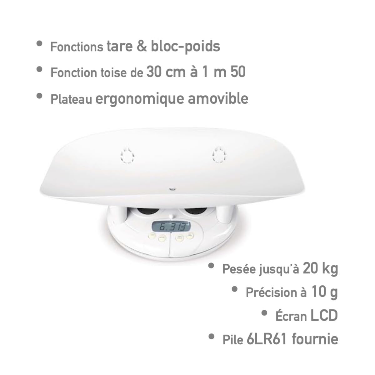dBb Remond - Pèse Bébé Électronique - Balance Numérique Nouveau-Né Jusqu'à 20 kg - Précision 10 gr - Fonctions Tare & Poids-Bloc - Plateau Amovible - Affichage LCD - Blanc