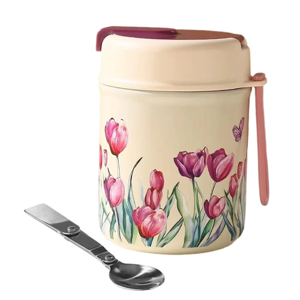 Mioyoow Rose Red 500Ml Thermal Food Jar, Stainless Steel Leakproof Vacuum Insulated Food Container With Folding Spoon For Hot Cold Drink