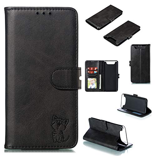 Robinsoni Case Compatible with Samsung Galaxy A90 Retro Leather Wallet Cover with Card Holder Slots Cat Printed Folio Flip Book Cover TPU Silicone Inner Case Kickstand Magnetic Closure Case, Black