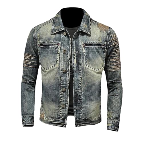 YOSUWOAI Chaqueta vaquera vintage para hombre, cuello alto, estilo motero, corte ajustado, clásica de camionero, informal de moto