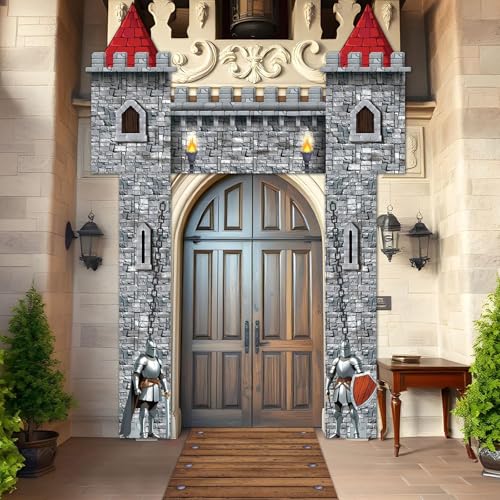 Image of CHUNNIN 4PCS Medieval Entryway Party Decoration Castle Party Supplies Medieval Themed Hanging Door Banner Castle Knight Porch Banner Runners for Kids Birthday Baby Shower Favors