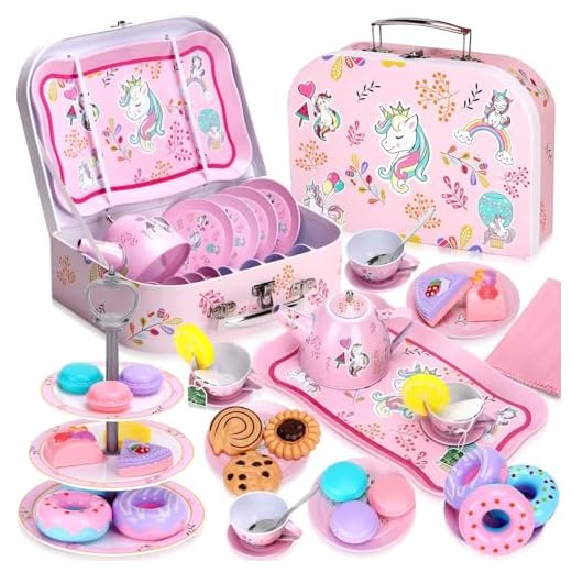 Auney 36 PCS Tea Set Toys for Girls,Tin Tea Party Toy Pretend Play for Little Girls,Kids Real Littles for Tea Time with Tea Filter Bags and Lemon Slices (Unicorn Toy)
