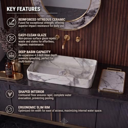 Image of Designer Table Top Wash Basin For Bathroom | Wash Basin Over Counter | Countertop Bathroom Sink (24 x 14 x 5 Inch) (Designer White Grey)