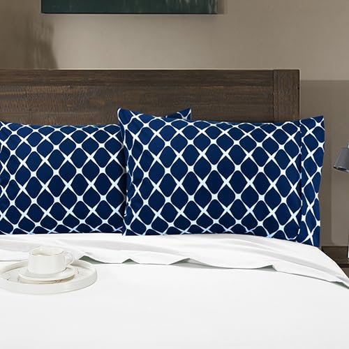 Image of Elegant Comfort Luxury Ultra-Soft 2-Piece Pillowcase Set - 1500 Premium Hotel Quality Microfiber Double Brushed - Wrinkle Resistant, King Size, Bloomingdale Pattern Navy Blue