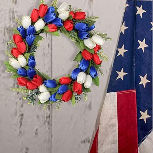 18 Inch Artificial Tulip Flower Wreaths Red White Blue Artificial Floral Wreath American Flag Floral Wreath Patriotic Decorations Wreath 4Th Of July Independence Day #TOP6