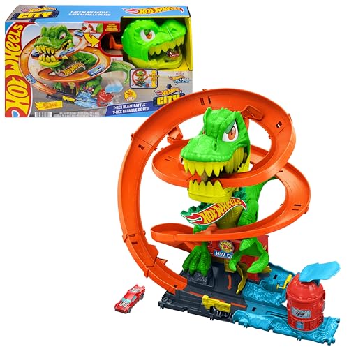Hot Wheels Spielzeugauto Streckenset, City T-Rex-Feuerschlacht Spielset und...