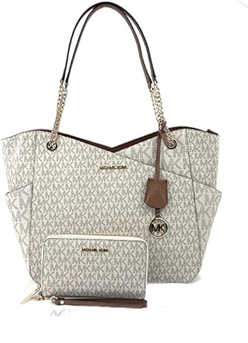 Michael Kors Jet Set Travel Large Chain Shoulder Tote Bundled with Large Phone Wallet and Dust Bag (Signature MK Vanilla)