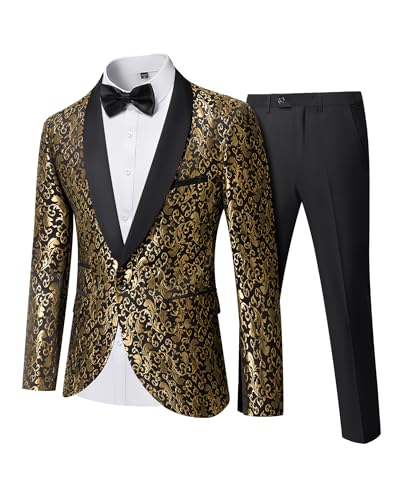 YND Men's 2 Piece Slim Fit Suit Set, One Button Shawl Lapel Floral Pattern Party Blazer, Jacket Pants with Bow Tie