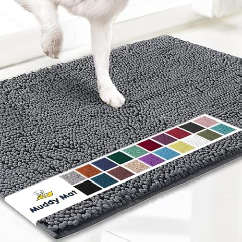 Muddy Mat® Shown on TV – Super Absorbent Microfiber Dog Door Mat for Muddy Paws, Non-Slip Washable Pet Rug, Quick Dry Chenille Entryway Carpet, Machine Washable Indoor Outdoor mat, Grey 28"x18" Cover