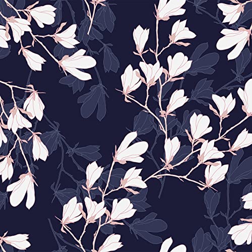 VEELIKE Lily Magnolia Floral Wallpaper Vintage Dark Blue Flower Contact Paper Self Adhesive Stick Sticky Back Plastic Botanical Wall Art Furniture Stickers Living Room Kitchen Cupboard 44.5cm×300cm